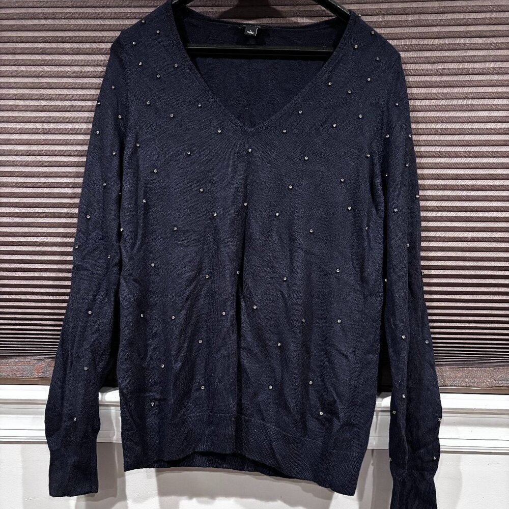 Ann Taylor Women's Rhinestone Wool Blend V Neck Sweater Black SZ: L